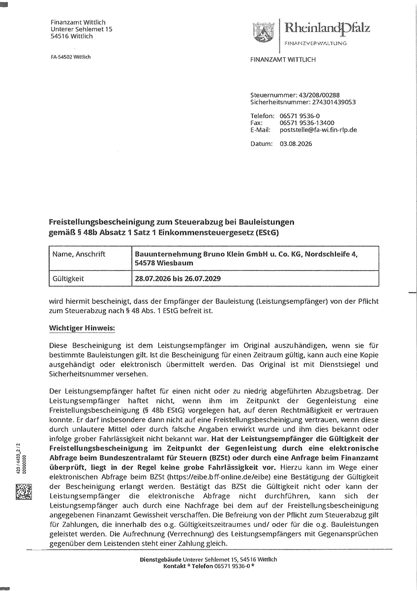 Freistellungsbescheinigung bis 26.07.2029